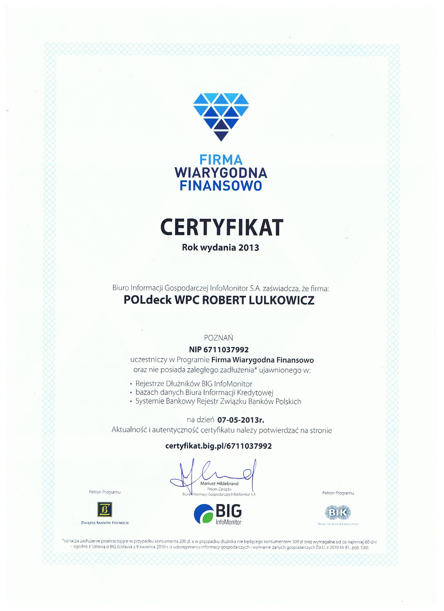 POLdeck WPC - certyfikat Firma Wiarygodna Finansowo